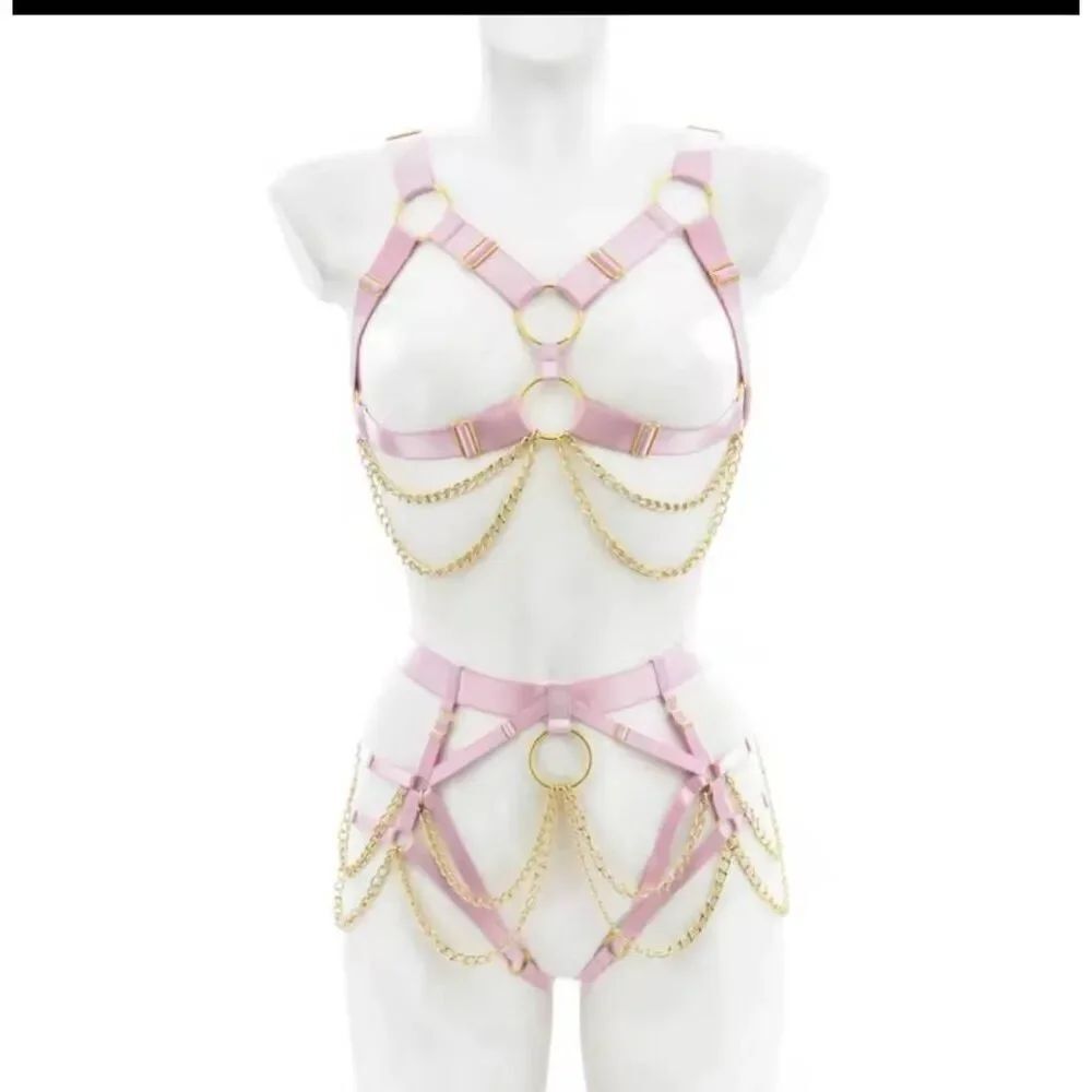 NWOT 2 Piece Pink Garter Harness Lingerie Set Chain